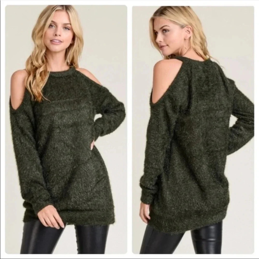 Olive Green Cold Shoulder Sweater | Cozy Fall Knit Pullover Top